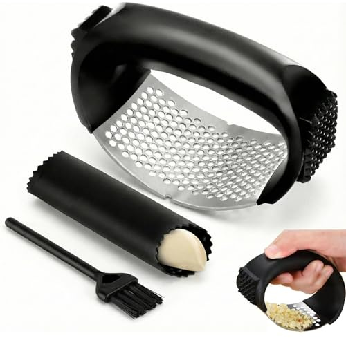 HUZNA Prensa de ajo de Acero Inoxidable,Picadora de Ajos con Kit,Pelador de Ajos de Silicona y Cepillo para Limpieza,Utensilios de Cocina Domésticos,Aparatos de Cocina para Triturar ajo