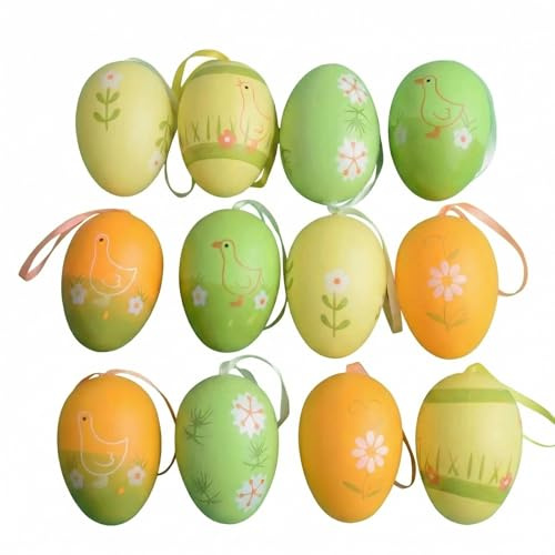 THXFUNAREA 12 Ostereier zum Aufhängen in Gelb Grün – Osterdeko in Frühlingsfarben für Osterstrauch, Zweige, Fenster, Kranz, Garten und Outdoor, 6 × 4 cm