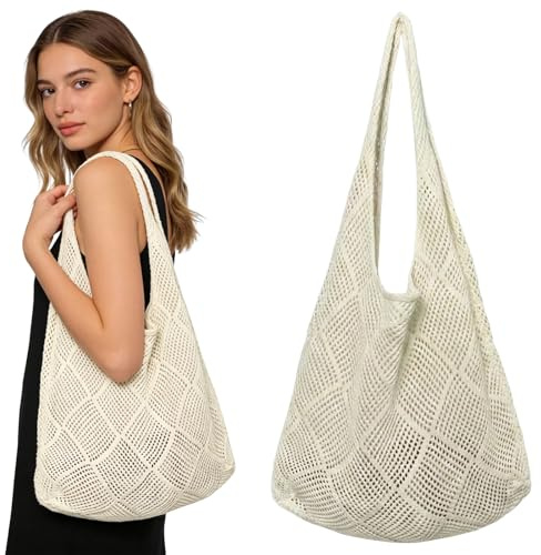 Bolsas de Playa, Bolsos Tejidos Crochet, Bolso Playa Mujer, Bolso Saco Mujer, Bolso de Hombro Mujer, Bolsos de Mujer, Bolsa de Ganchillo, Grande para Playa, Para Picnic, Vacaciones, Compras, Viaje