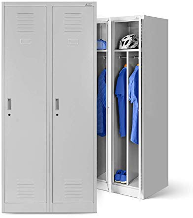 Jan Nowak Spind Schrank, Metallschrank, Kleiderschrank, Schließfachschrank | 2 Abteile mit Kleiderstange, Trennwände, Lüftungsschlitze, 4 Kleiderhaken pro Abteil | 180 cm x 80 cm x 50 cm, Grau