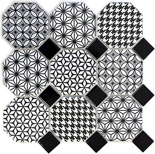 Piastrelle per mosaico, in ceramica e ceramica, ottagonale, bianco lucido e nero