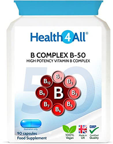 Health4All Vitamin B Complex B-50 90 Capsules, 3 Months Supply, High Potency Vegan B-Complex with PABA | Support Cognitive Functions, Energy, Tiredness & Fatigue | Made in UK (not Tablets)