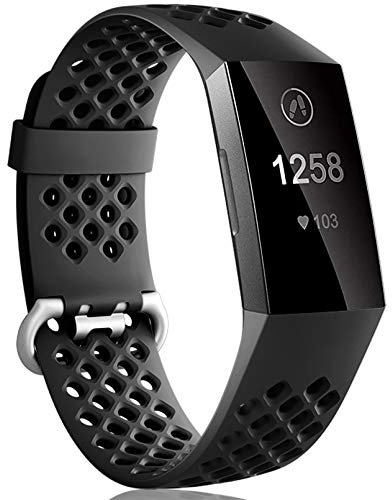 Dirrelo Compatible with Fitbit Charge 3/ Charge 4 Strap, Sport Silicone Adjustable Replacement with Breathable Holes Accessories Wristband for Fitbit Charge 3 SE, for Women Men, Large Black