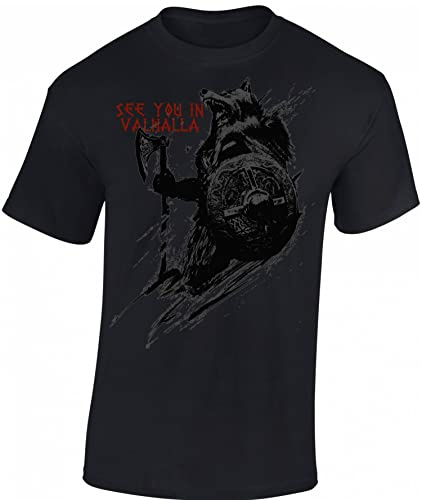 Baddery Wikinger T-Shirt Herren - „See You in Valhalla“ (Schwarz XXL) | Viking Shirt Männer - Walhalla Spruch Shirt