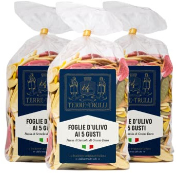 Terre Dei Trulli Foglie D'ulivo Ai 5 Gusti - 3 Confezioni Da 500g | Pasta Artigianale Tradizionale 100% Italiana | Pasta Di Semola Di Grano Duro | Made In Italy
