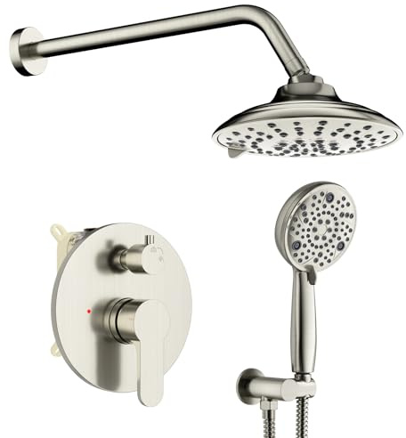 EMBATHER Shower Faucets Sets Complete, with 3 Setting High Pressure Shower Head Combo, Bathroom Wall Mounted Rainfall Shower System Fixtures with 8-Mode Handheld Spray, Brushed Nickel