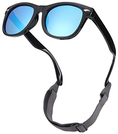 COASION Bendable Flexible Polarized Baby Sunglasses with Strap for Newborn Infant Boys Girls Age 0-24 Months CA9018 (Bright Black/Blue Mirror)