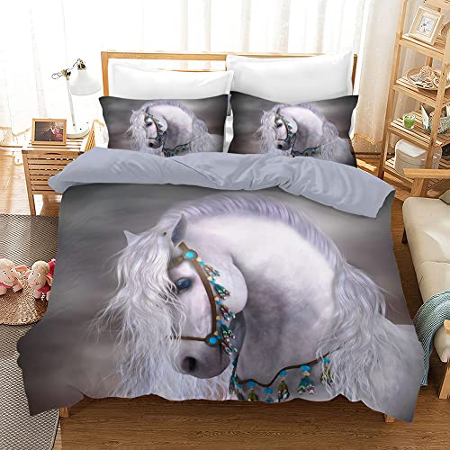 AVJWWD Housse de Couette Cheval avec Impression 3D, Parure de lit Animal Cheval Ensemble de Literie en Microfibre avec Fermeture éclair, pour Enfants, Adolescents (200 x 200 cm, Gris)