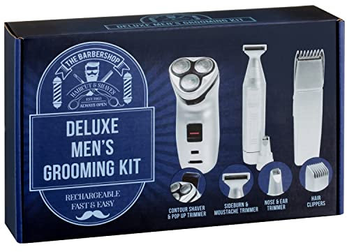Deluxe Men's Grooming Kit- 3 in 1 Kit - Grooming Kit - Beard Trimmer for Men Hair Clipper Nose and Ear with Mini Foil Shaver - Mens Personal Body Hair Kit Battery Powered