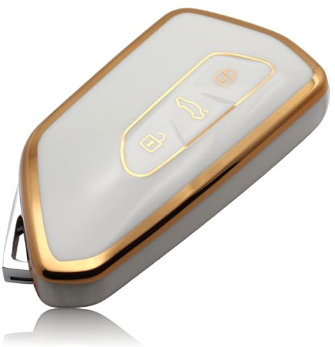 FOAMO Autoschlüssel Hülle passend für VW Golf 8, ID.3, ID.4, ID.7 – passend für Skoda Octavia & Enyaq, Seat Leon, Cupra Formentor (Weiß-Gold)