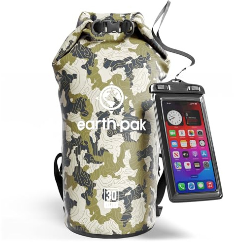 Earth Pak Dry Bag – vattentät packsäck med dragkedjeficka, axelrem och vattentätt mobiltelefonfodral – perfekt för kajakkörning, camping, fiske, båtliv och forsränning (kamouflage, 30 l)