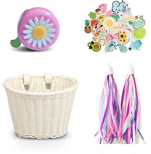 Kid's Bicycle Basket,Colored Tassels Wicker Front Handlebar Bike Basket Handlebar with Streamers Bell and Stickers,Bicycle Decoration for Girls and Boys (White)