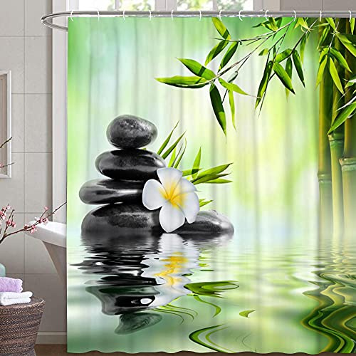 M&W DAS DESIGN Duschvorhang Bambus auf Wasser leichten Nebel reflektiert Textil Vorhang grün exotisch Stein Relax Schimmelresistent Bambusblatt Spa Ruhe inkl. 8 C-Ringe Gewicht unten