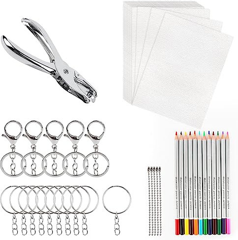 MXTIMWAN 53 Stück Schrumpffolien Set, Schrumpffolie zum Basteln mit 20 Blank Schrumpffolie, Schlüsselbundzubehör, Buntstifte, Locher, Schrumpffolie Set für Kinder, DIY Handwerk Dekorationen
