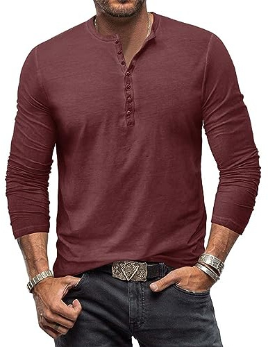 RQPYQF Camisetas Henley de Manga Larga para Hombre, Camisas Casuales con Botones Cuello Henley para Hombre CS07 Tamaño S-2XL (VinoRojo, XL)