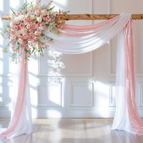 Tissu drapé pour arche de mariage, 1 panneau de 71,1 cm x 5,8 m et 1 panneau de 40,6 cm x 5,7 m en tissu à paillettes or rose pour arche de mariage, cérémonie, fête prénuptiale, réception