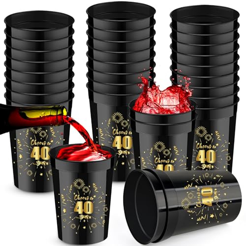 Mototo 30 Pieces 40th Small Birthday Cups 8 oz Cheer to 40 Years Plastic Cups Plastic Birthday Stadium Cups Black and Gold for Birthday Party Favors Anniversary Wedding Party Supplies