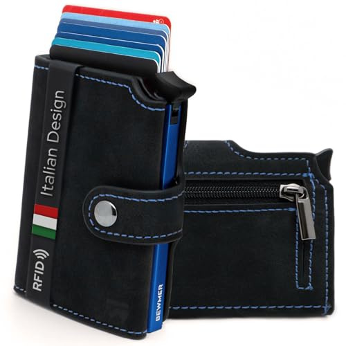 BEWMER Cartera Tarjetero 2 para Hombre y Mujer con Monedero | Billetera Minimalista Porta Tarjetas de Crédito (Protección RFID), Billetes y Monedas (Negro Azul)