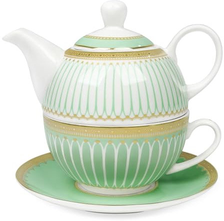 fanquare Set da tè per Uno con Bordo Dorato, Set di Teiere Verdi per Adulti, Tazza da caffè e Piattino in Ceramica, Classico a Righe