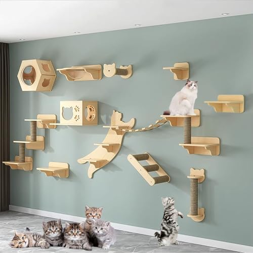 Katzen Kletterwand Set, Kletterwand Katzen Holz, mit Katzenhaus, Kratzbäumen, Katzenleiter, Sprungplattformen, zum Klettern, Schlafen und Spielen (Size : B12-19PCS)