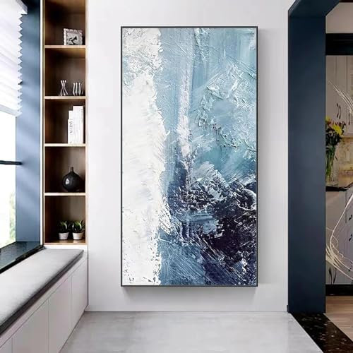 Zhaoyang Art Übergroßes Ölgemälde, abstrakte Meereslandschaft, Leinwand-Wandkunst, Marineblau und Weiß, schwarz gerahmte Wandkunst für moderne Bilder, 60 x 130 cm/24 x 51 Zoll, schwarzer Rahmen