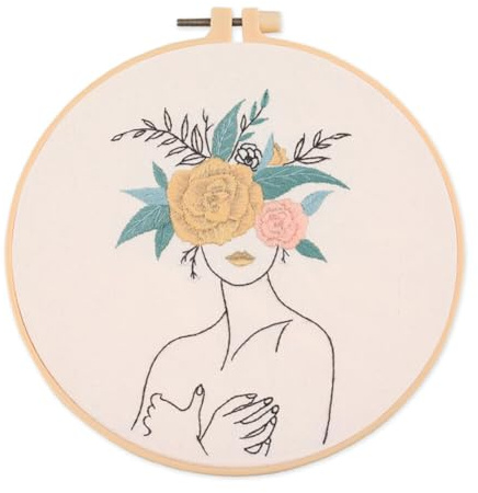 Kit de Démarrage de Broderie Adulte, Creative Line Fille Kit Point de Croix Imprimé, Motif Floral Broderie Kit Complet Point de Croix Avec Motif, Livre D'instructions, Fil, Aiguille, 1 Cerceau