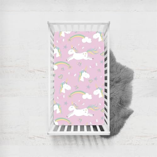 Odot Sábana Bajera Bebé Cuna y Minicuna Unicornio Rosa Niña Sabanas Ajustable de Microfibra, Bebé Ropa de Cama Universal para Cama Ovalada, Reloj de Arena y Colchón Rectangula (Color E,70x140cm)