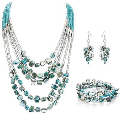 EVER FAITH Blau Türkis Halskette Set, Mehrschichtige lange Kette Chunky Bib Ohrringe Armband Set Vintage Boho Schmuck