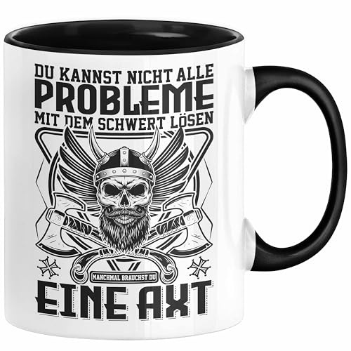Wikinger Tasse Geschenk Nicht alle Probleme Schwert Lösen Axt Mittelalter Kaffee-Tasse (Schwarz)