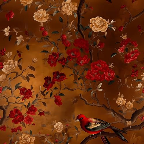 REDAMANCY Wallpaper, Red Golden Birds Boho Peony, Vintage Peel and Stick, Easy Peel Off, Renter Friendly, 17.7x236