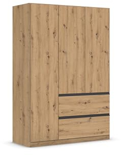 Rauch Möbel Costa, Kleiderschrank, Farbe Eiche Artisan, Breite 136 cm | Schrank, 3-türig, 2 Schubladen, Push-to-open, Zubehör Basic, für Schlafzimmer, Kinderzimmer, Babyzimmer, Garderobe