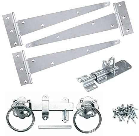 Infinity Decor Garden Gate Kit 10” Tee Hinges (3) Plain Ring Latch, Brenton Bolt Wooden Barn, Shed Doors, Garage Gate Fittings Kit Galvanized Zinc