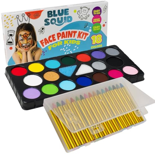 Blue Squid Face Paint Kit & Body Crayon Sticks Bundle - 18-color Face Painting Kit for Kids & 18 XL Crayons & Markers for Skin with 18x Stencils, Brushes, and Design Book, Ideal for Toddlers & Parties