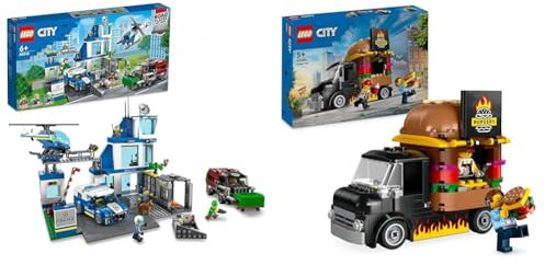 LEGO 60316 City Police Station with Van, Garbage Truck & Helicopter Toys & City Burger Van, Food Truck Toy for 5 Plus Year Old Boys & Girls, Vehicle Building Toys, Kitchen Playset