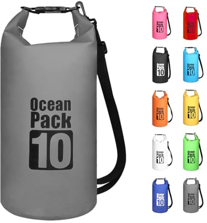 Morainjay 10L Wasserdichter Beutel, Grau, Roll Top, Schützt Telefon/Karte, mit Verstellbarem Gurt, für Schwimmen/Rafting/Bootfahren