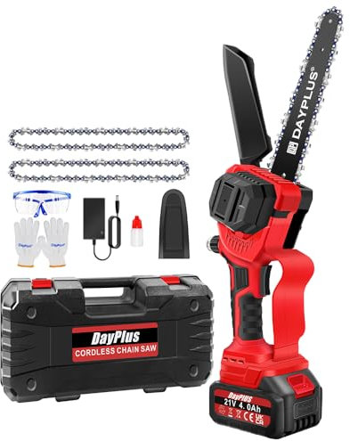 8inch Mini Chainsaw Cordless Chain Saw Electric Gardening Pruning Saw with 2 Chains, Battery and Charger, Safety Lock, Oiler System, Battery Chainsaw for Tree Trimming and Branch Wood Cutting