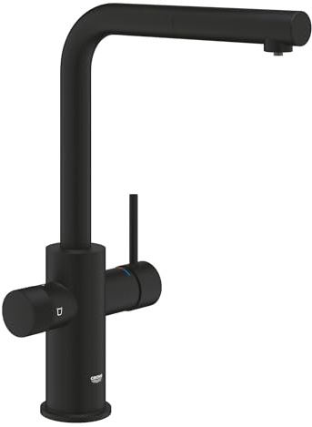 GROHE Blue Pure, Küchenarmatur herausziehbar, mit Filterfunktion (Gefiltertes Wasser: separater Griff, Filter unterhalb Spüle, Wasserhahn 360° schwenkbar, L-Auslauf, ohne Filter) mattschwarz, 30590KF0
