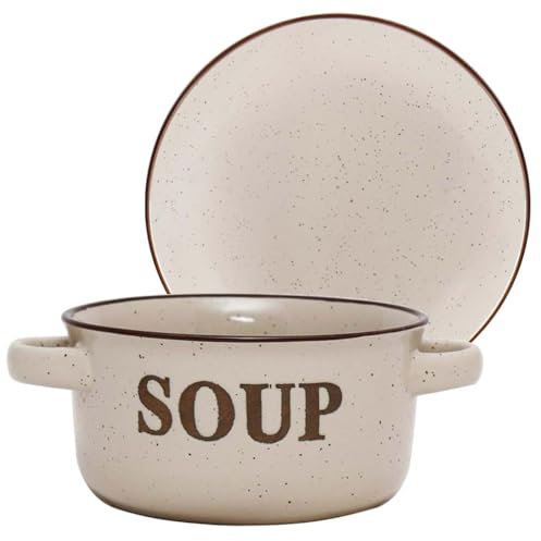 Soup Bowl & Bread Plate Crockery Set Dishwasher Safe Stoneware Dinner Set Rustic Style Plates & Soup Bowls with Handles and Embossed Text Design with Speckled Finish (Beige)
