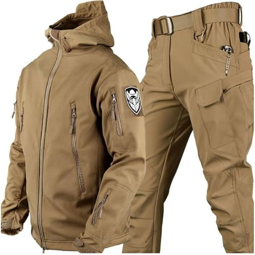 TAUIANE Taktische Jacke Und Hose FüR Herren, Softshelljacke, wasserdichte MilitäR Kampfanzug Sets, Tarnanzug FüR MilitäRuniformen, Jagdbekleidung, Outdoor,Braun,Size: 3XL