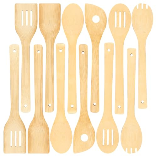 12 Pcs Bamboo Kitchen Utensils, Bamboo Spoons for Cooking，Kitchen Utensil Set, Apartment Essentials Spatula Spoon Nonstick Bamboo Cooking Utensils for Everyday Use