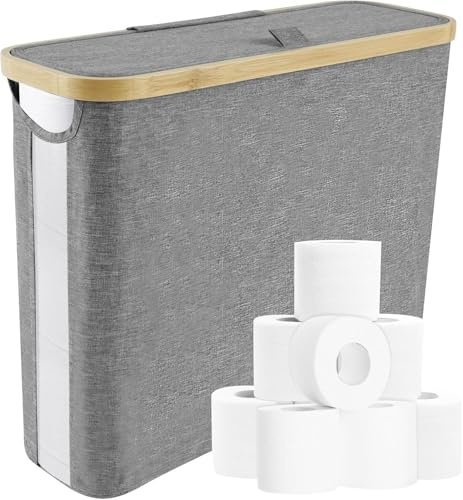 Toilet Roll Storage Stand, Toilet Roll Storage Basket with Side Window and Lid, Multifunctional Toilet Roll Paper Storage Holder Organiser, Free Standing Box Unit Organizer for Bathroom RV