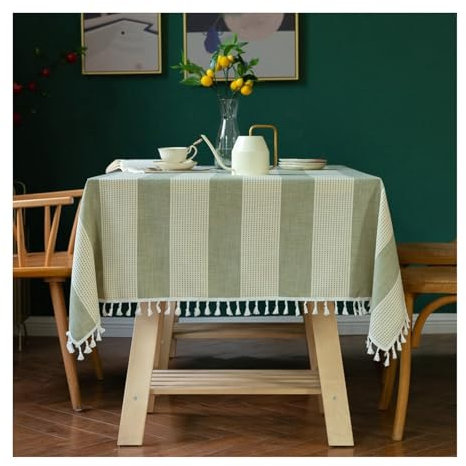 Tischdecke Grün, Baumwollleinen Tischdecke Outdoor Streifen Tischtuch Rechteck 90x140CM für Wohnzimmer, Esszimmer, Balkon, Garten