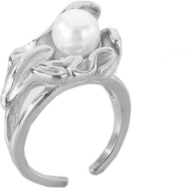 PAURO Damen Edelstahl Personalisierter Jahrgang Perlenring mit Kreativer Blume Silber Größe 57 (18.1)