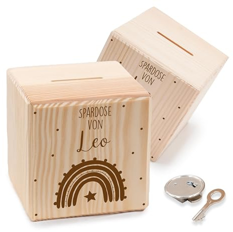 KIDSMOOD - Spardose Kinder aus Holz mit Schlüssel – Sparschwein Kinder, Personalisiert mit Namen & niedlichen Motiven – Sparbox zum Geld sparen Kinder