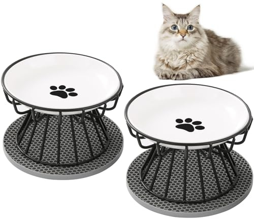 Aevcvok Comedero Gato Elevado, 2X Cuencos para Gatos de Cerámica con Soporte y Alfombrilla Antideslizante, Plato Comida Gato Plano para Aliviar la Fatiga de los Bigotes