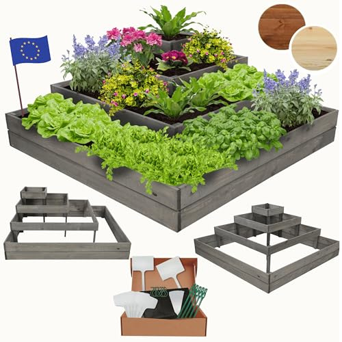 MODO24 Hochbeet Holz, Blumenkasten, Gartenbeet, 45x119x119cm, Grau | Robustes Kräuterbeet & Pflanzbeet aus Kiefernholz, Stufenförmiges Blumenbeet & Gartenbeet für Garten, Balkon & Terrasse