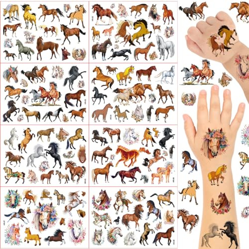 Pferde Tattoo Kinder, 8 Blätter Pferde Temporäre Tattoo Aufkleber Set, Wasserdichte Kindertattoos, Pferde Mädchen Geschenk, Temporäre Kindertattoos für Kindergeburtstag Party Mitgebsel