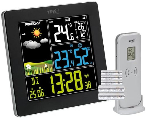 TFA Dostmann Wetterstation Funk mit Außensensor SUN2 digital, 35.1174, für Innen und Außentemperatur, großes Farbdisplay, Wohnklima, Funkuhr mit Datum, Hygrometer, mit Netzteil, schwarz mit Batterien