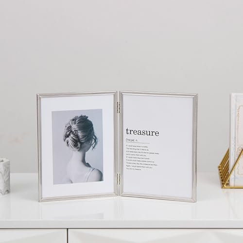 Beydodo Bilderrahmen 9x13 CM Metall Einzeln, Klapprahmen Silber Doppelt Vertikal mit Glasscheibe Bilderrahmen Familie Mehrere Fotos