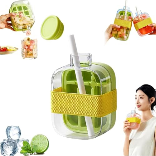 2 in 1 Water Bottle Ice Cube Tray Mold, 2 in 1 Water Bottle Ice Cube Tray with Lid and Bin, One-Touch Ice Release & No Touching, Ice Cube Making Bottle for Freezer,Coffee, Juice (Green-500ML)